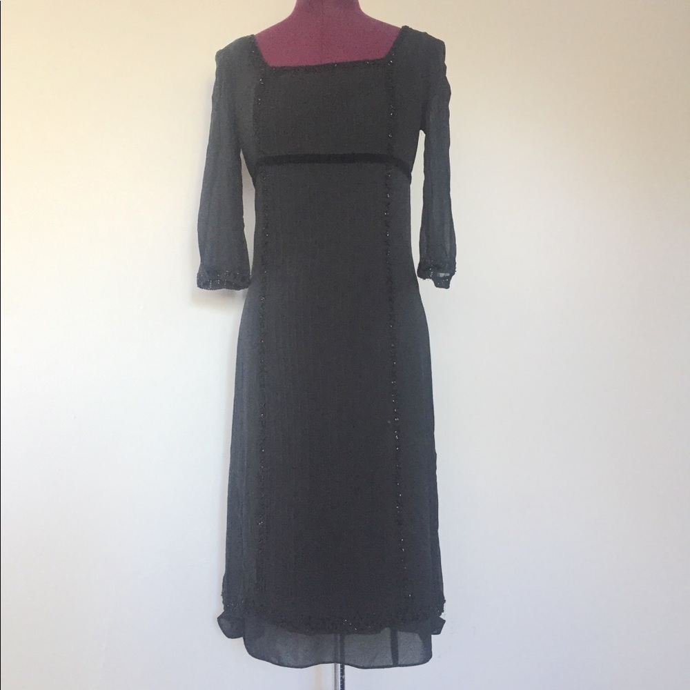 90s Black Silk Maxi Dress Crochet Glass Beads 4