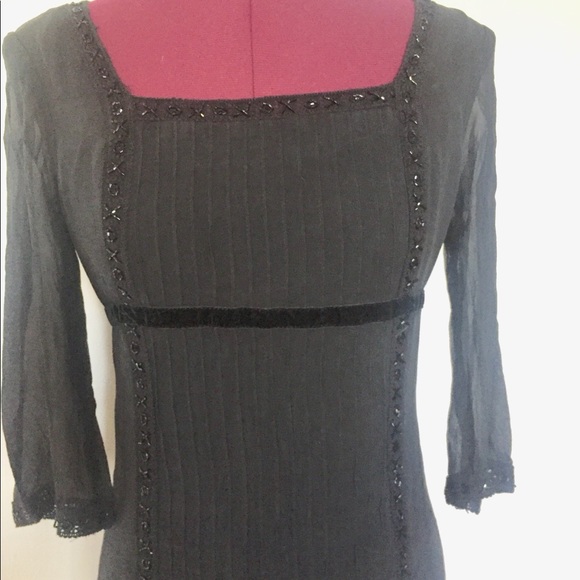 90s Black Silk Maxi Dress Crochet Glass Beads 4 - Picture 3 of 8
