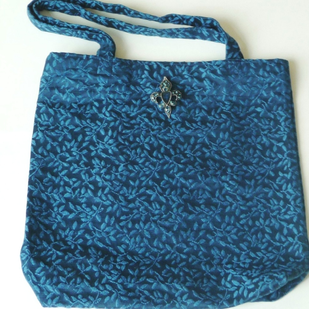 Damask Cotton Shoulder Bag Tote Matching Wristlet Navy Blue Hand Made Unisex
