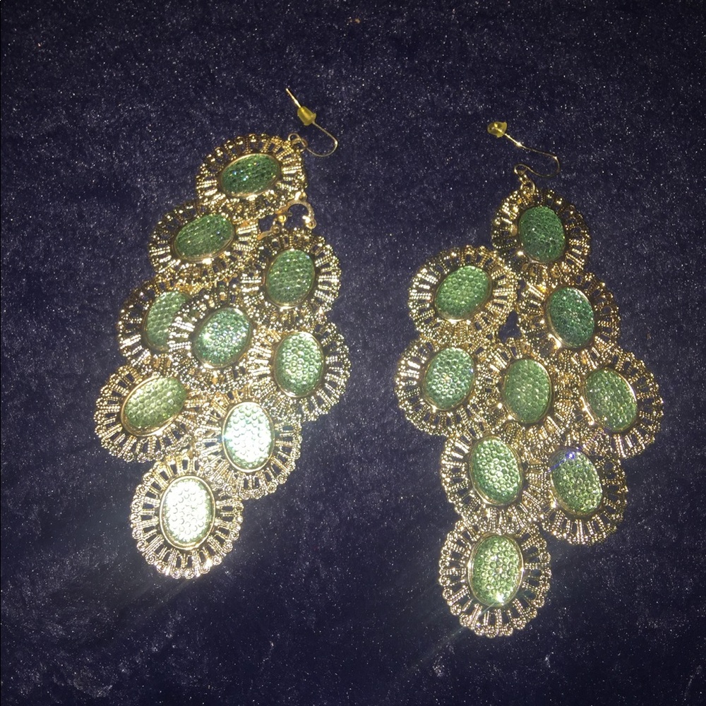 Green and gold drop earrings