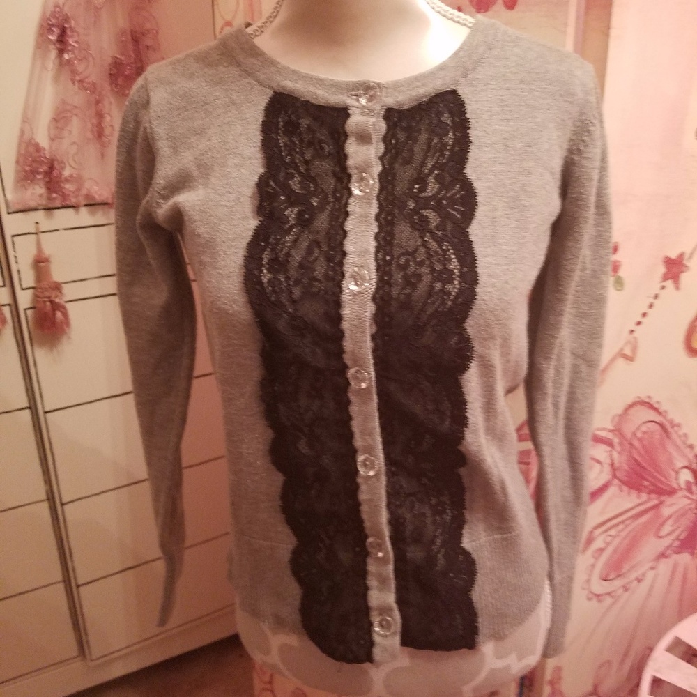 *SOLD*Cherokee grey & black lace button up sweater - Picture 2 of 5