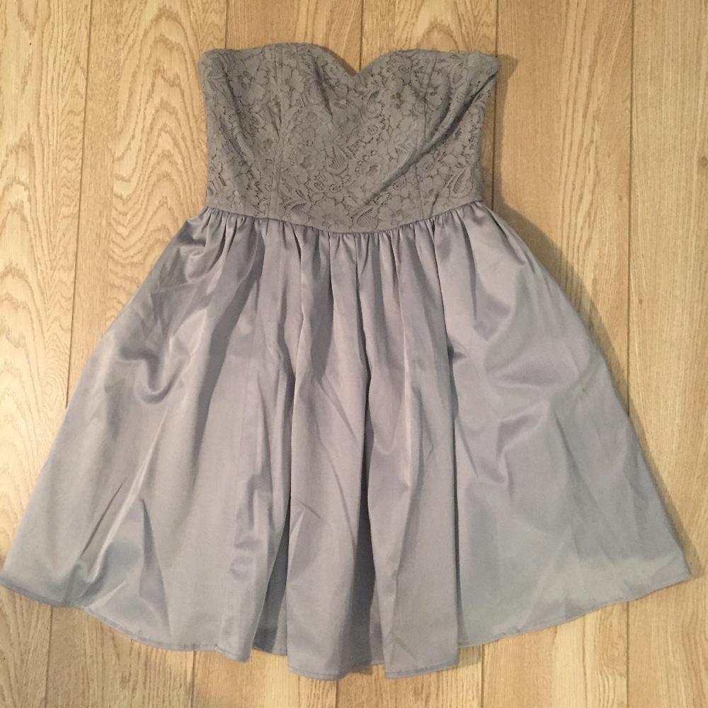 Silver Strapless Lace Satin Cocktail Dress