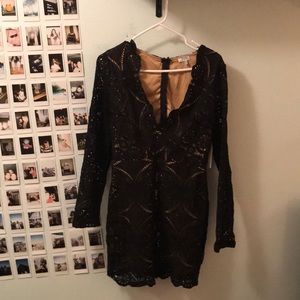 Black/Tan crochet pattern body con dress.