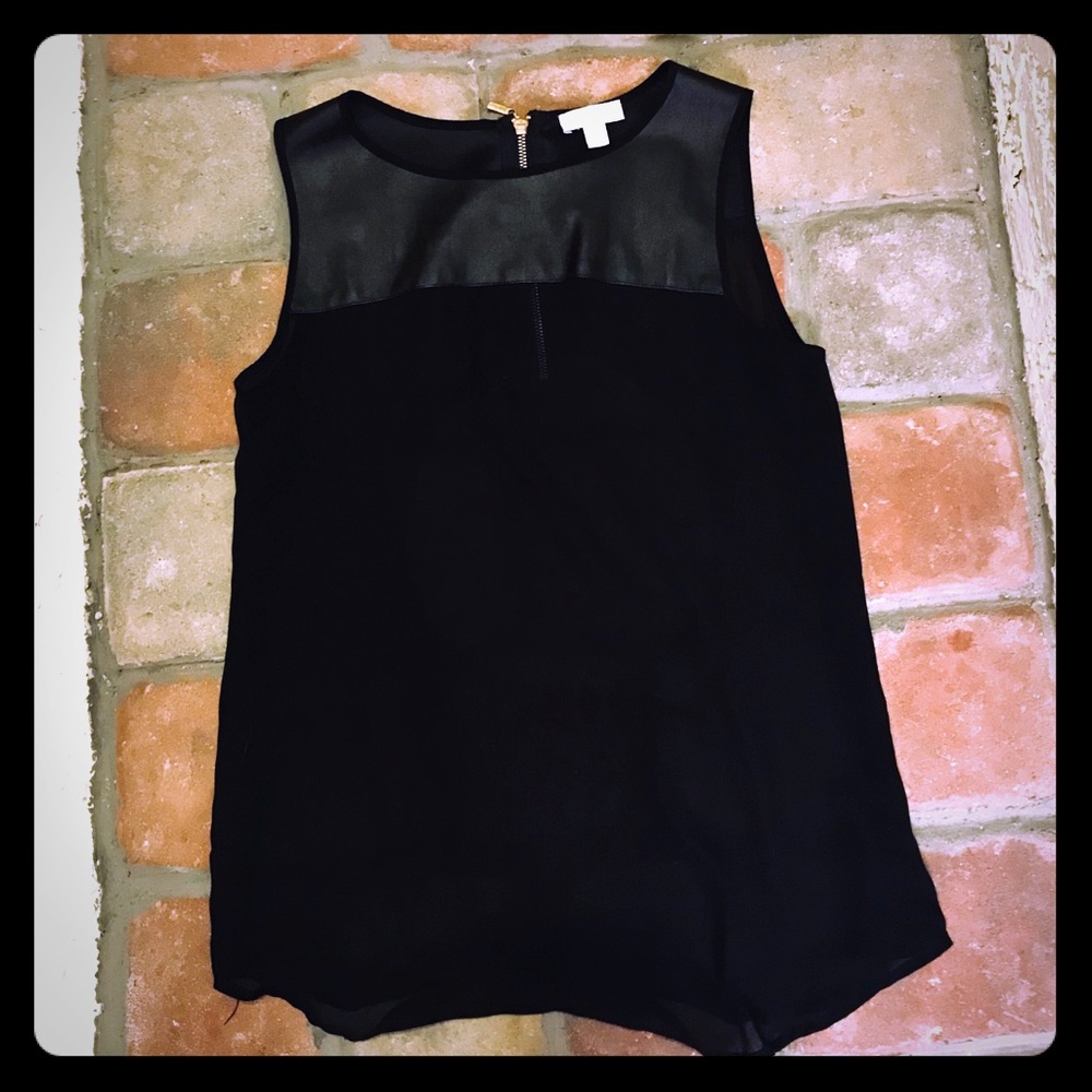 Sheer and faux leather gold zippered black tank