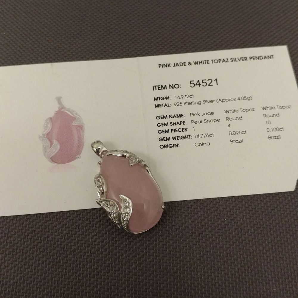 Gems tv pink jade & white topaz pendant .925