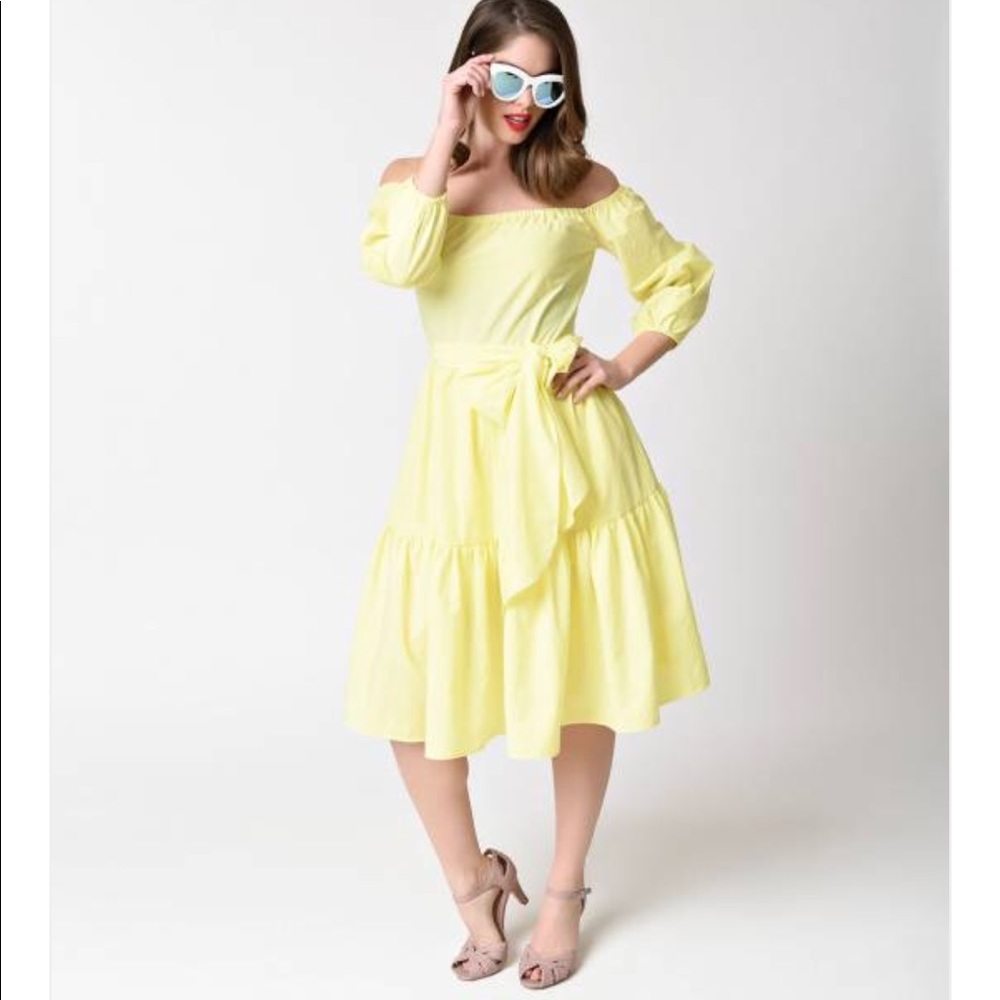 Lemon Yellow Off Shoulder Half Sleeve Swing Dress
