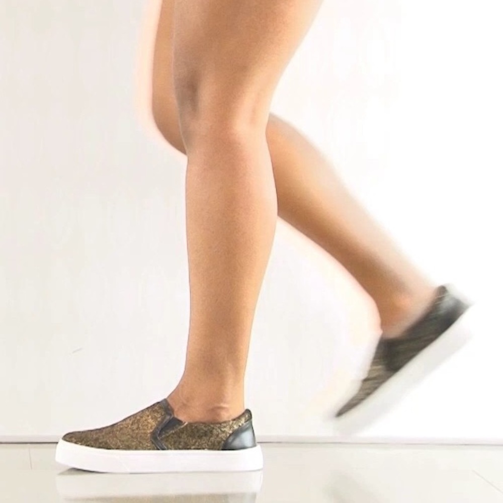 Gold/Black Pony Hair Slip On Casual Sneakers - Picture 6 of 7