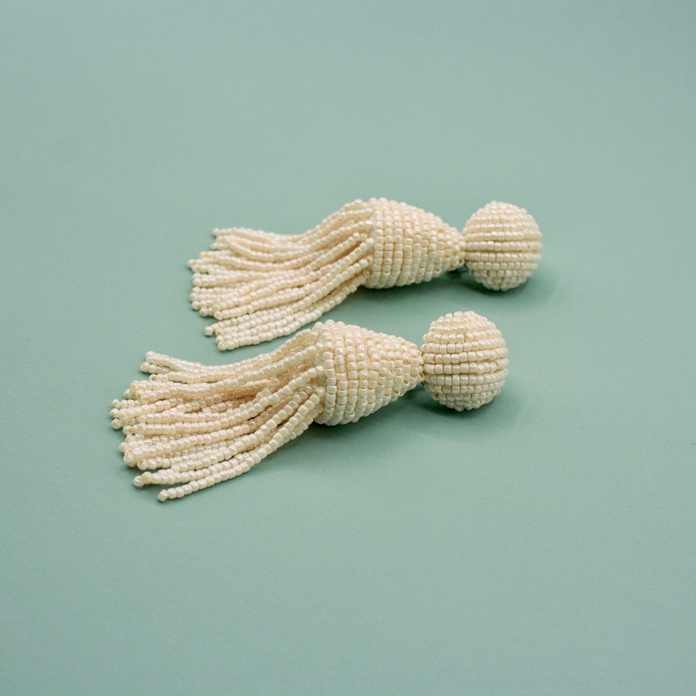 White Beaded Tassel Earrings