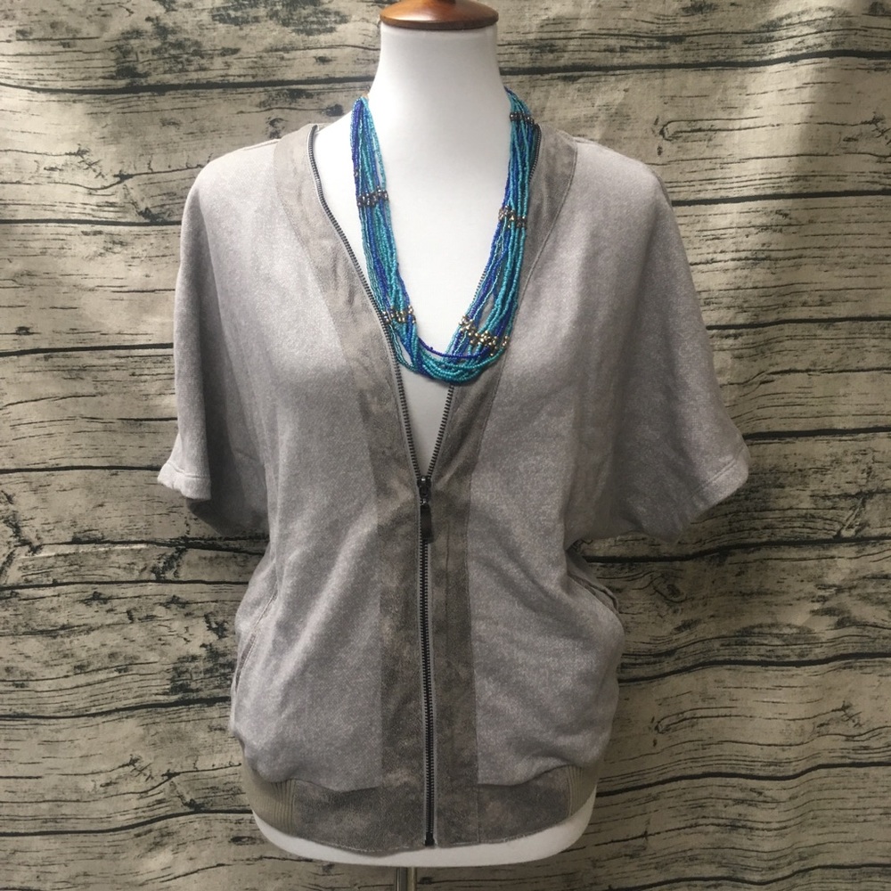 Hem & Thread Grey Dolman Zip Up Suede Trim Sweater