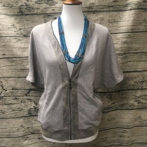 Hem & Thread Grey Dolman Zip Up Suede Trim Sweater