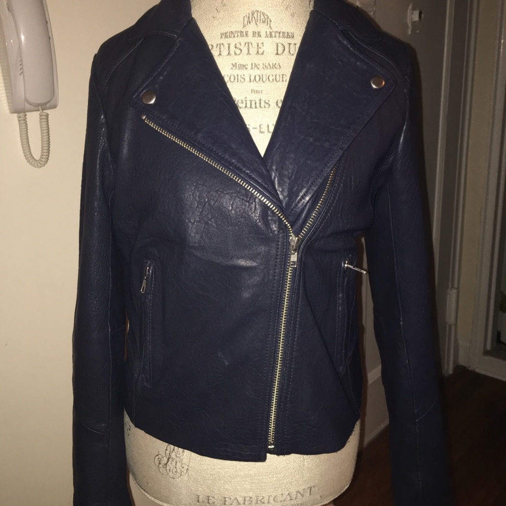 J. Crew navy blue leather moto jacket size S EUC