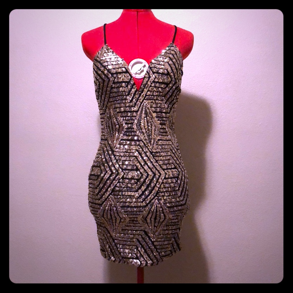 Gold and black sequin mini dress
