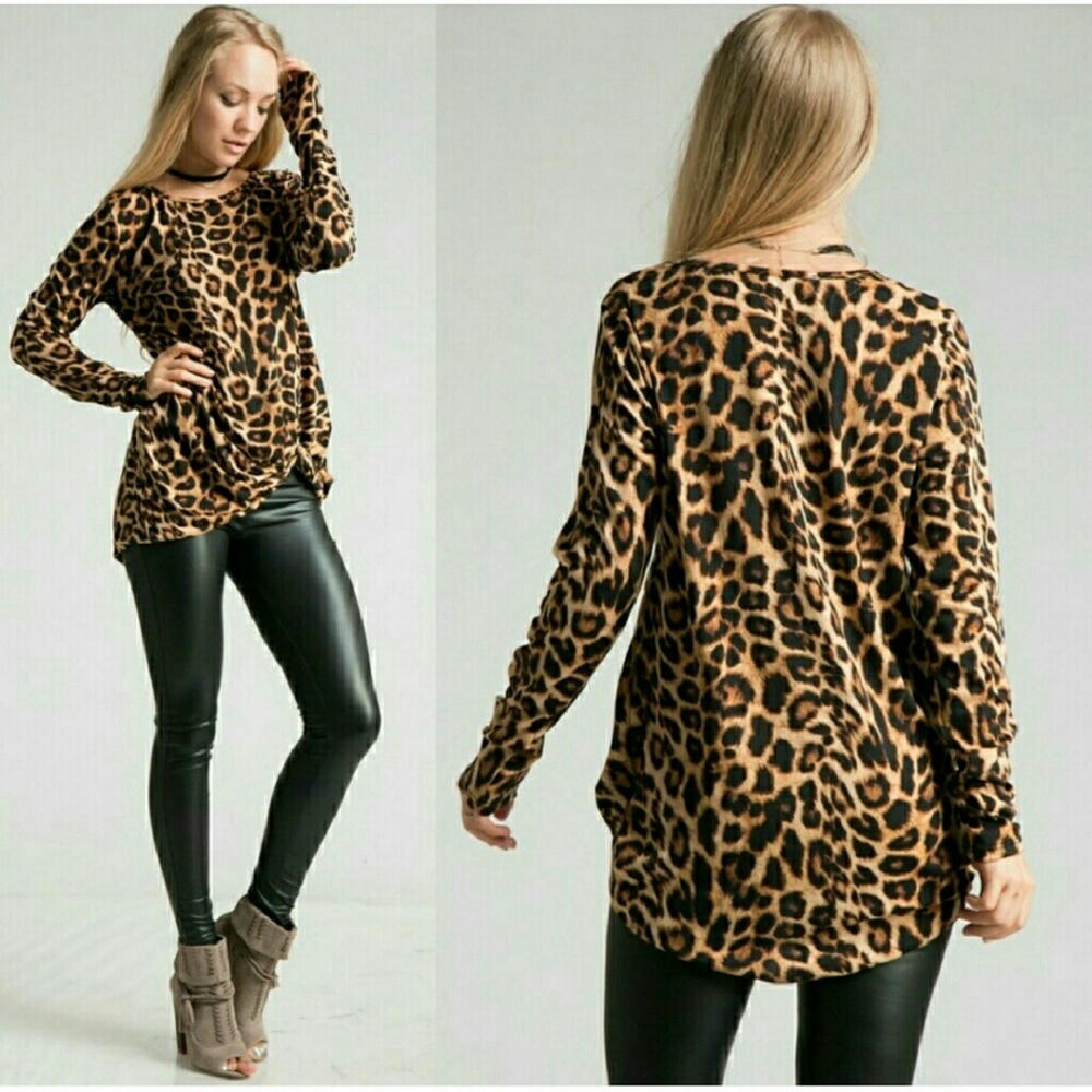Leopard brown Knot Hem Top Size Varies - Picture 2 of 2