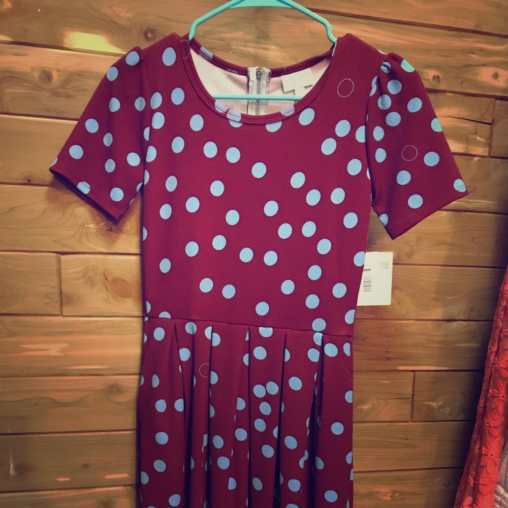 NWT XS Lularoe Amelia Dress Red w/ Blue Polka Dots