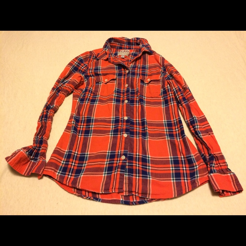 Old Navy blue and orange plaid long sleeve shirt