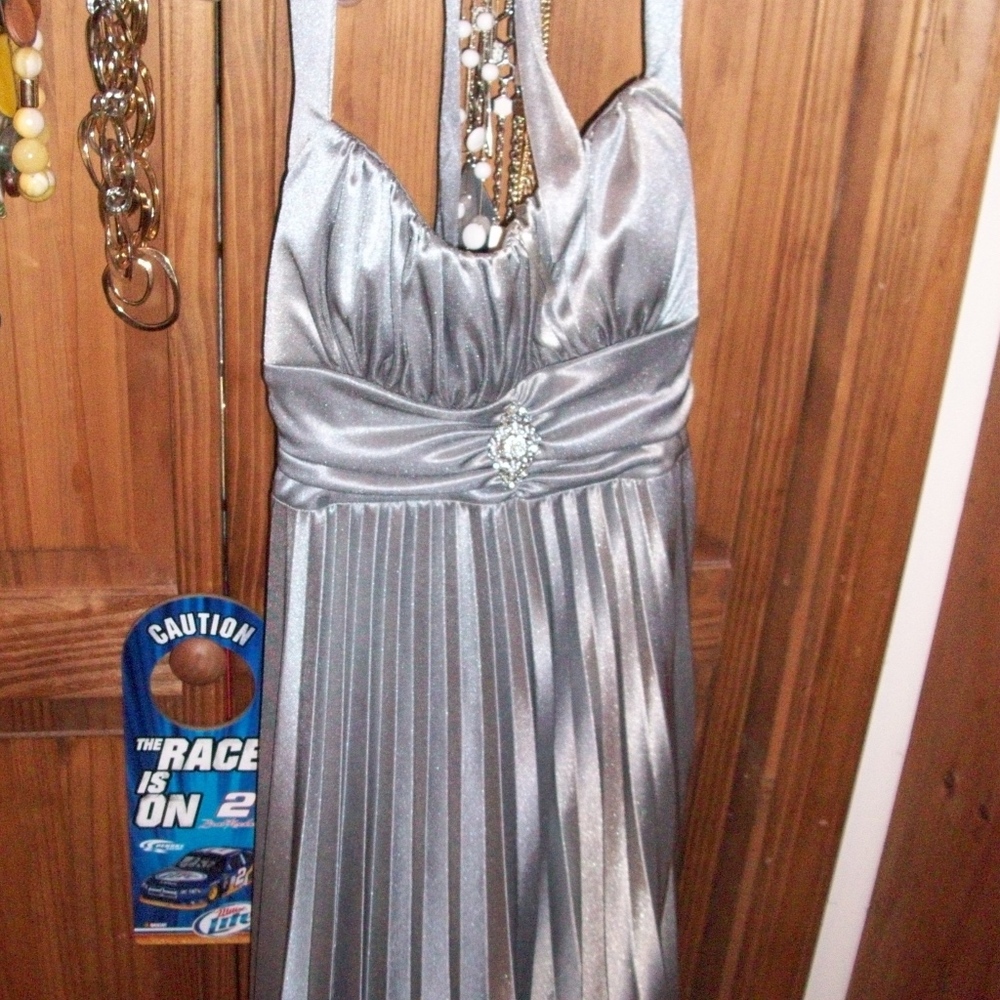 Silver Pleated Evening Halter Dress w/ Jewel