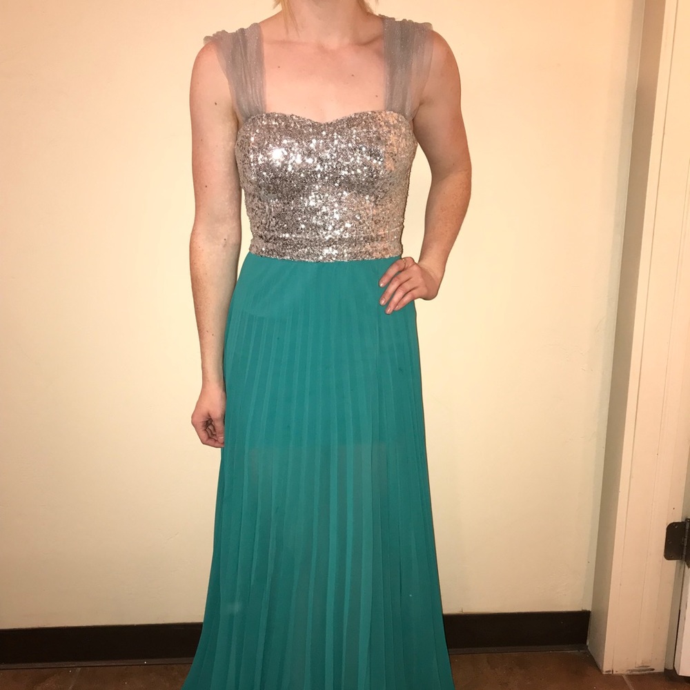 Teal Sequin Bodice Prom Dress