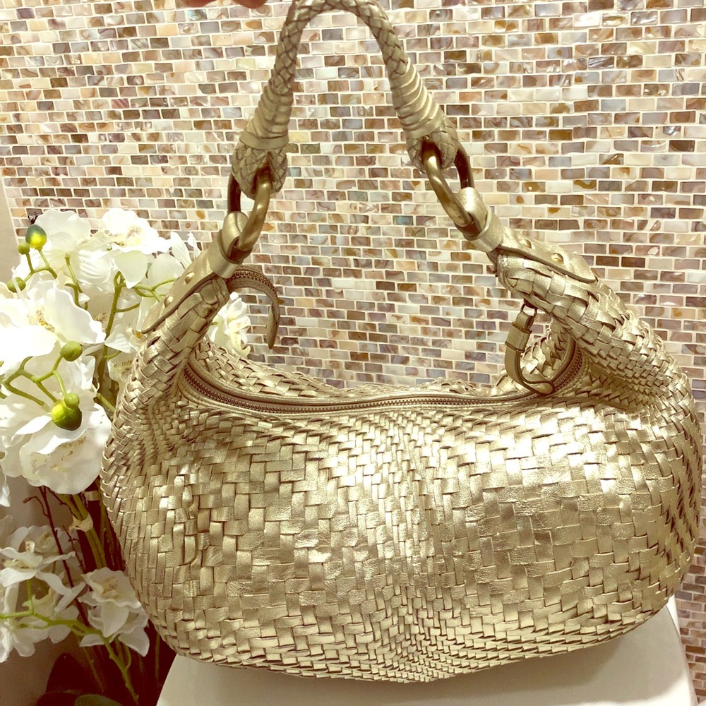 Cole Haan Genevieve Woven Gold Leather Hobo
