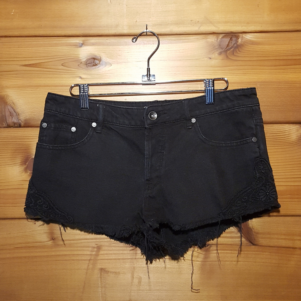 Black Roxy Cut Off Jean Shorts With Crochet Detail