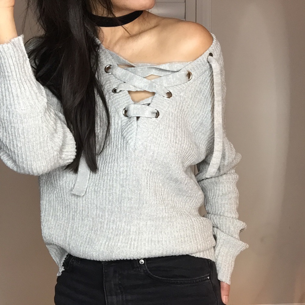 Lace up sweater in grey - Picture 1 of 5