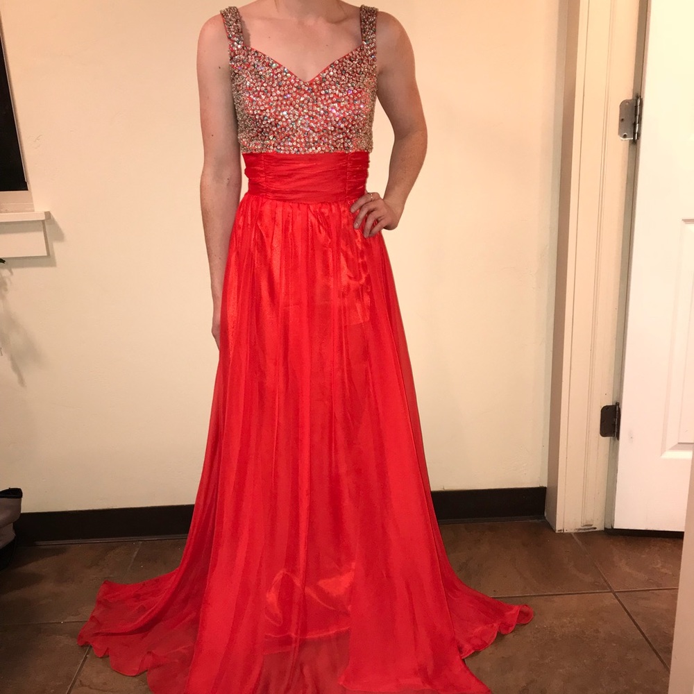 Classy Red Beaded Bodice Gown