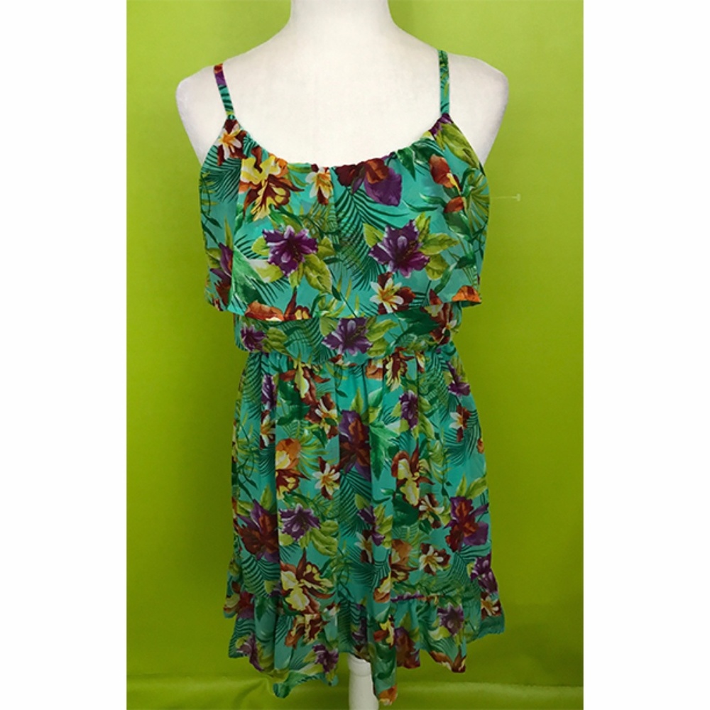 Bongo Spaghetti Strap Floral Green Blouson Dress L