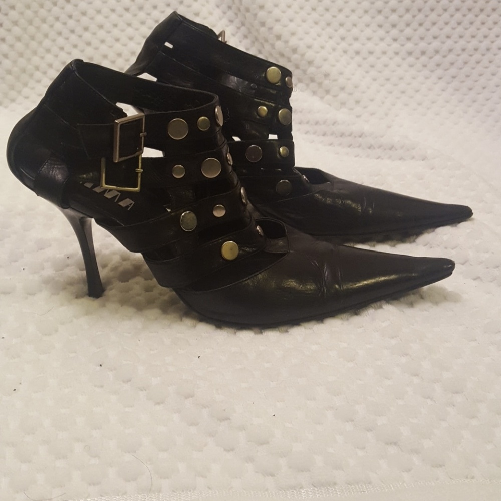 Pointed leather ankle strap heels