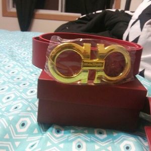 Authentic red and gold buckle ferragamo belt