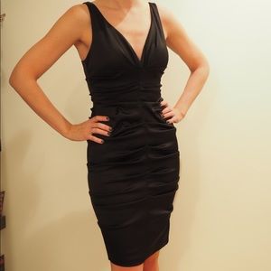 Ruched stretch satin sheath dress