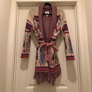Tribal patterned fringe cardigan