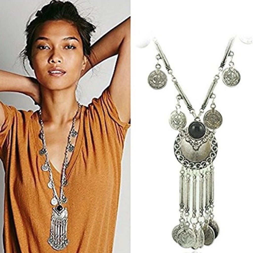 Silver Color Tibetan style Coin Boho Necklace