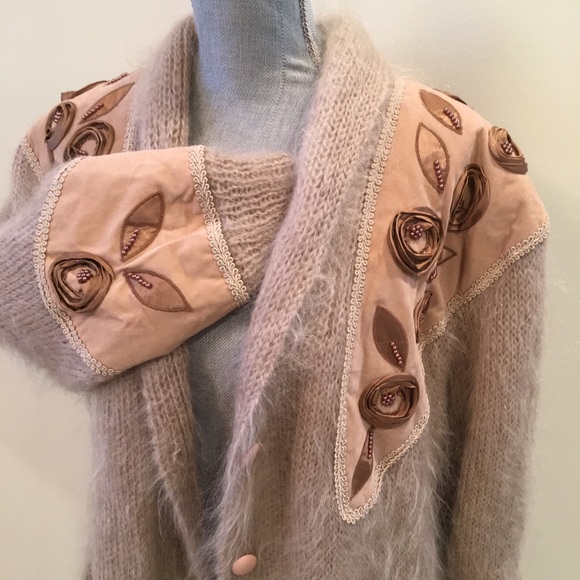 Vintage Mohair Oversize Cardigan Beaded Appliqué - Picture 2 of 3