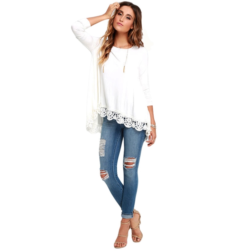 White Lace Trimmed Hi-Lo Shirt - Picture 5 of 6