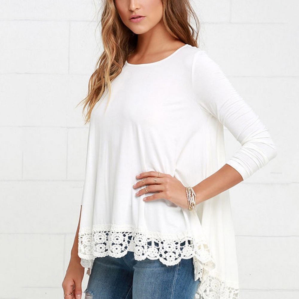 White Lace Trimmed Hi-Lo Shirt - Picture 2 of 6