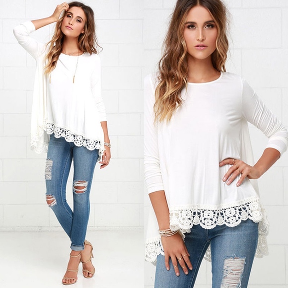 White Lace Trimmed Hi-Lo Shirt - Picture 6 of 6