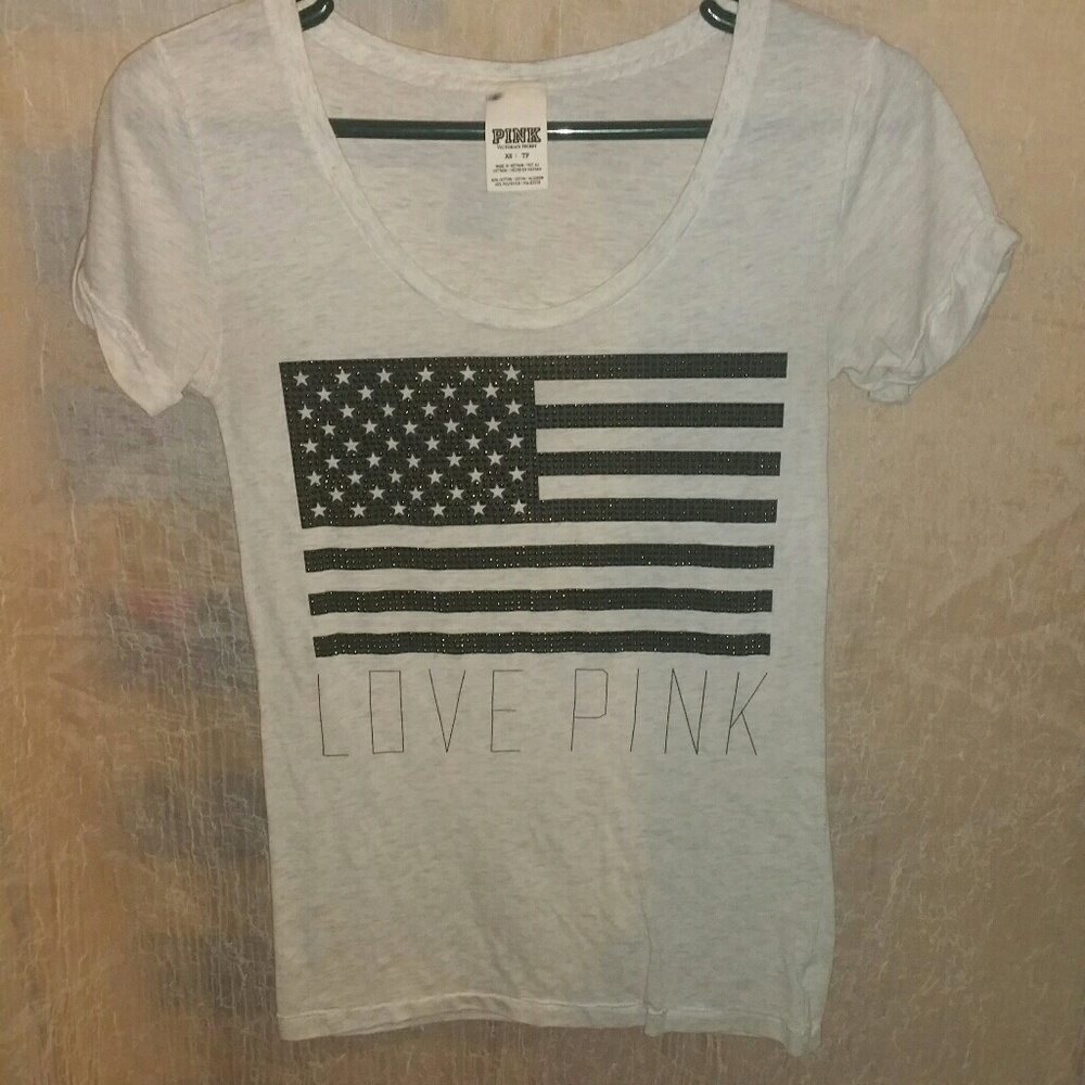 VS PINK "USA Rhinestone Studded Flag" Tee - Sz XS