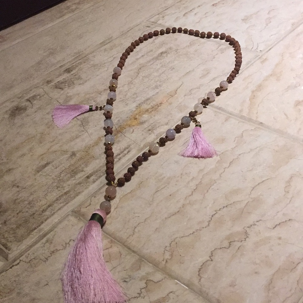 Hand tied wooden prayer beads and rose quartz