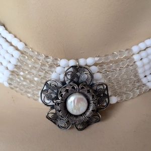 Flower- 7 Strand-Hand Made-White-Crystal Choker
