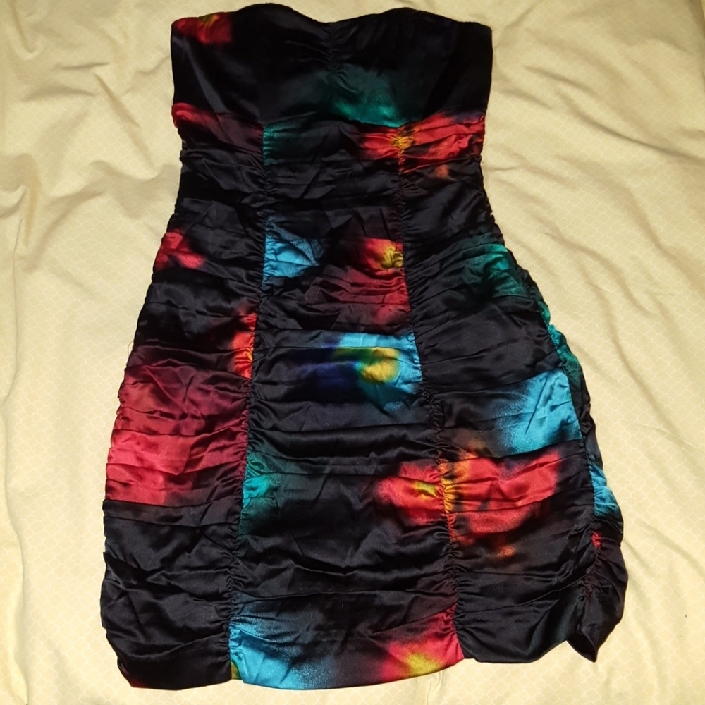 {Express} Multi colored strapless party dress
