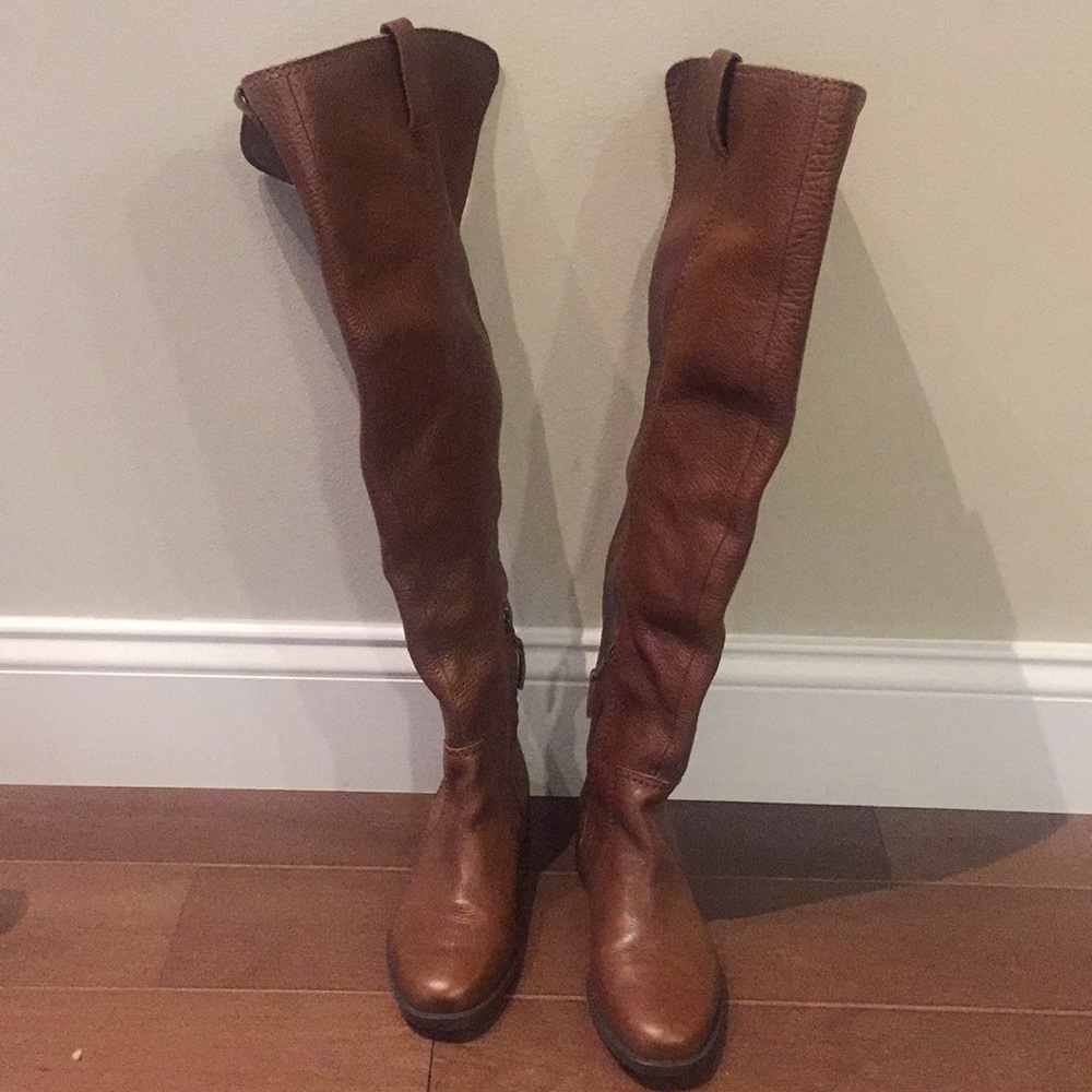 Ralph Lauren tan leather over the knee flat boots