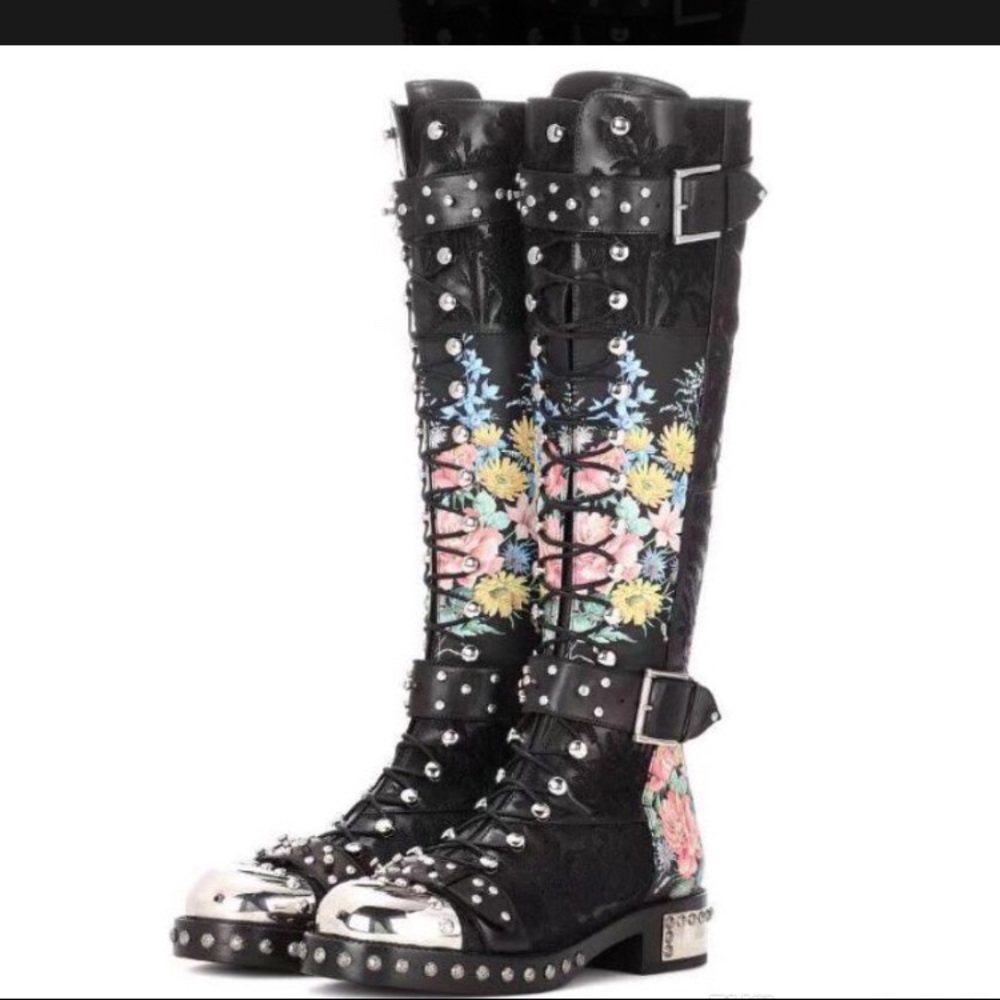 Women’s cow skin floral motorcycle boots