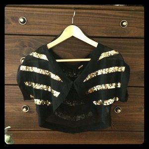 Gold sequins! Sheer black shrug top