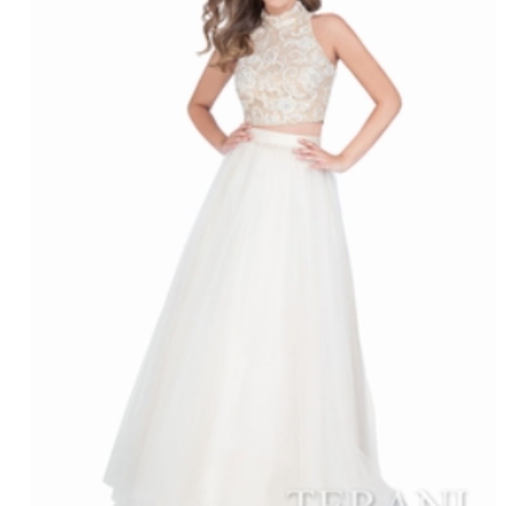 Terani Couture 2111 Ivory Lace Prom Crop Top Dress