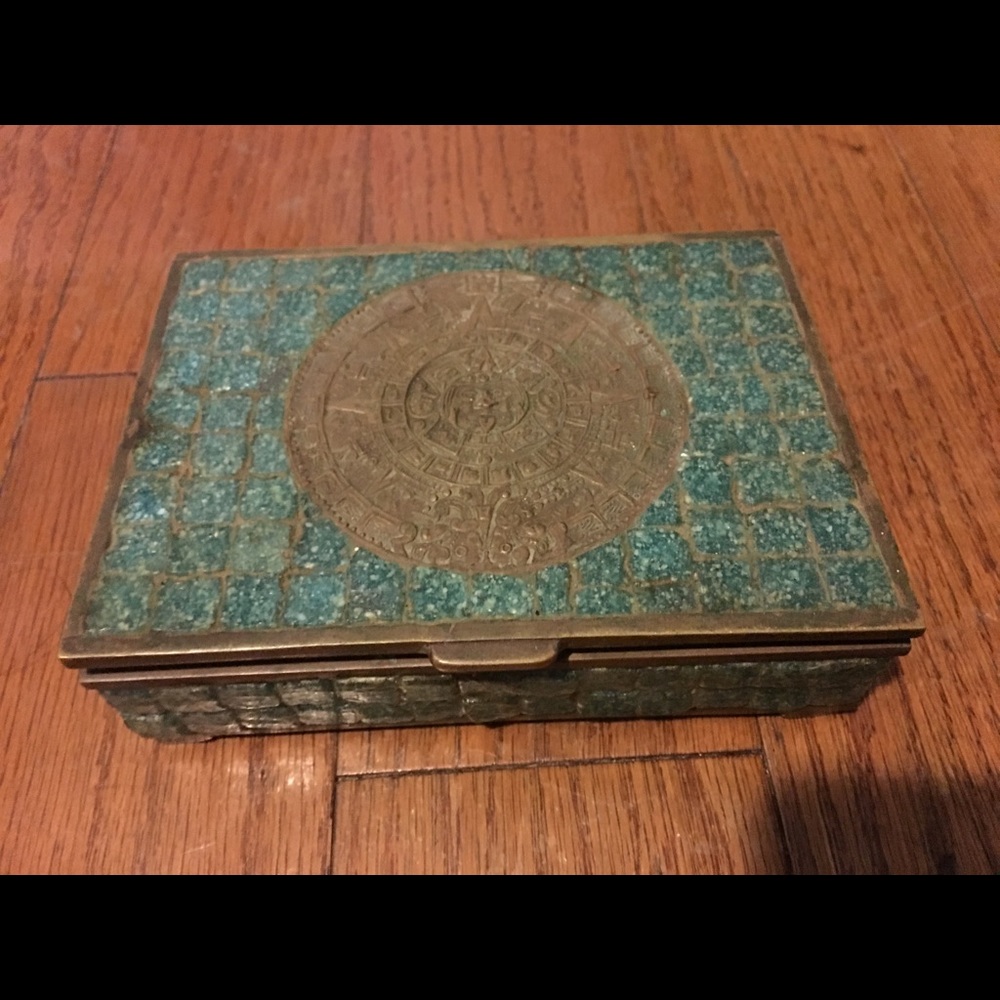 Vintage turquoise Mayan calendar cigarette box
