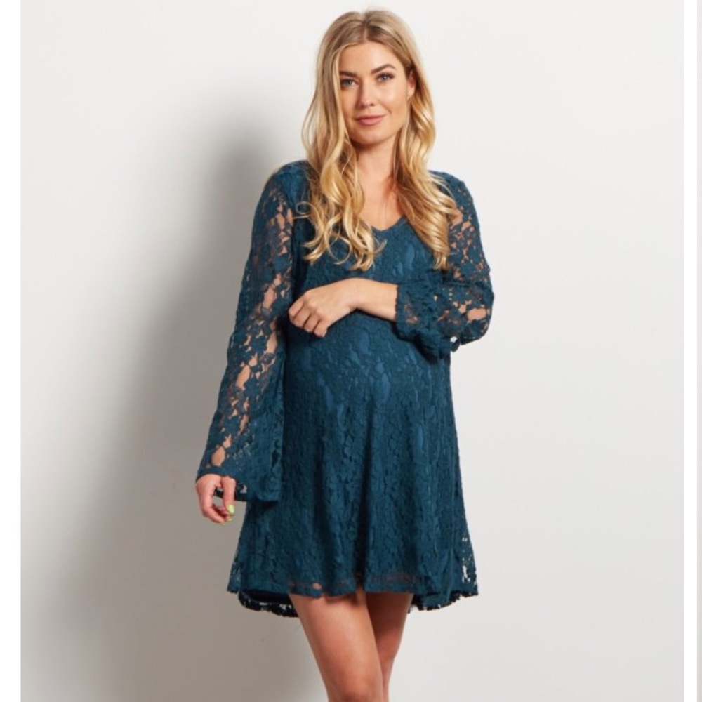 Green Lace Bell Sleeve Maternity Dress/Tunic - Picture 1 of 5