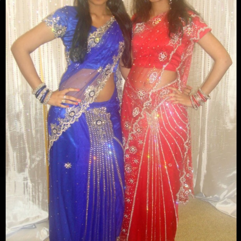 Royal Blue And Red Crystal Saree