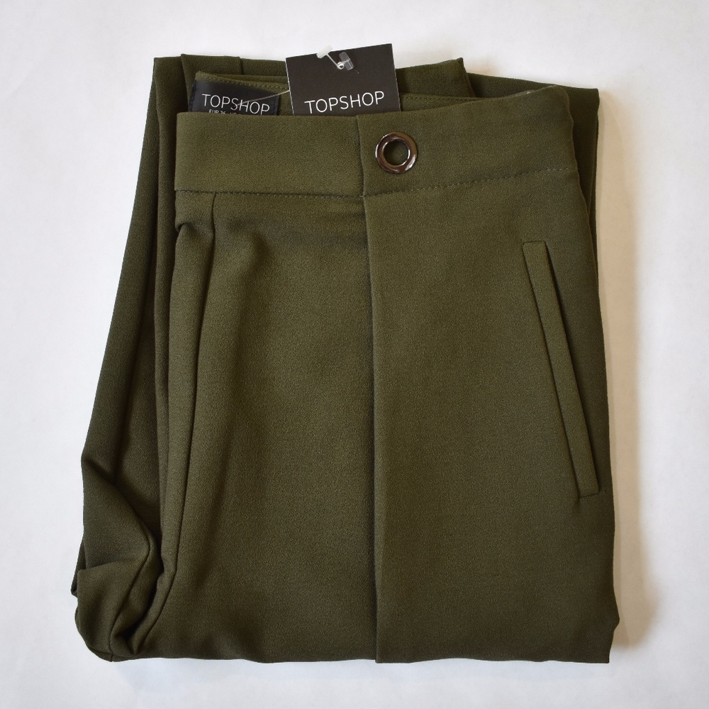 NWT Topshop High Rise Grommet Pleat Pant-Olive - Picture 2 of 6
