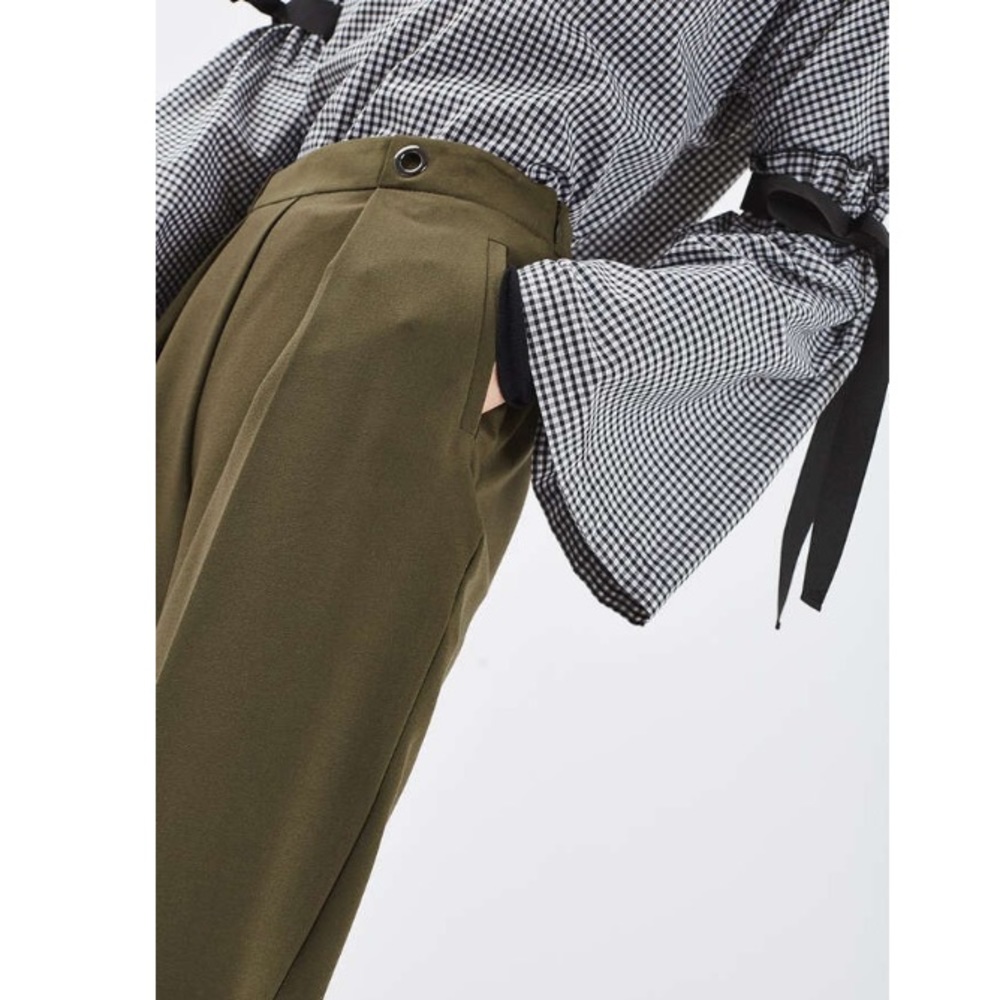 NWT Topshop High Rise Grommet Pleat Pant-Olive - Picture 4 of 6