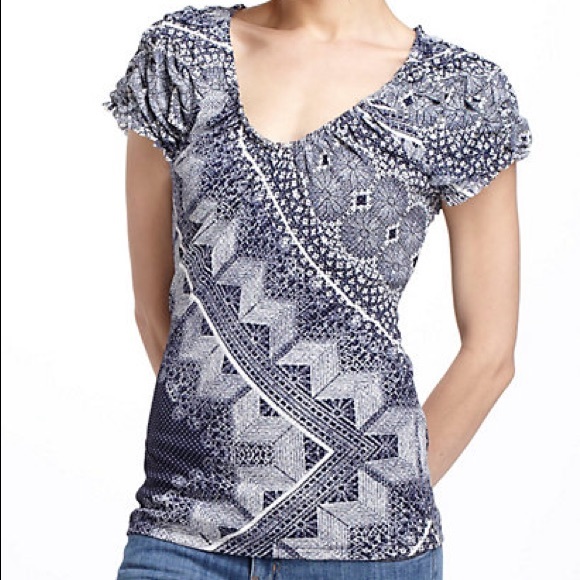 EUC ANTHROPOLOGIE Delan Tee Navy Lace Geo Sz Small - Picture 1 of 5