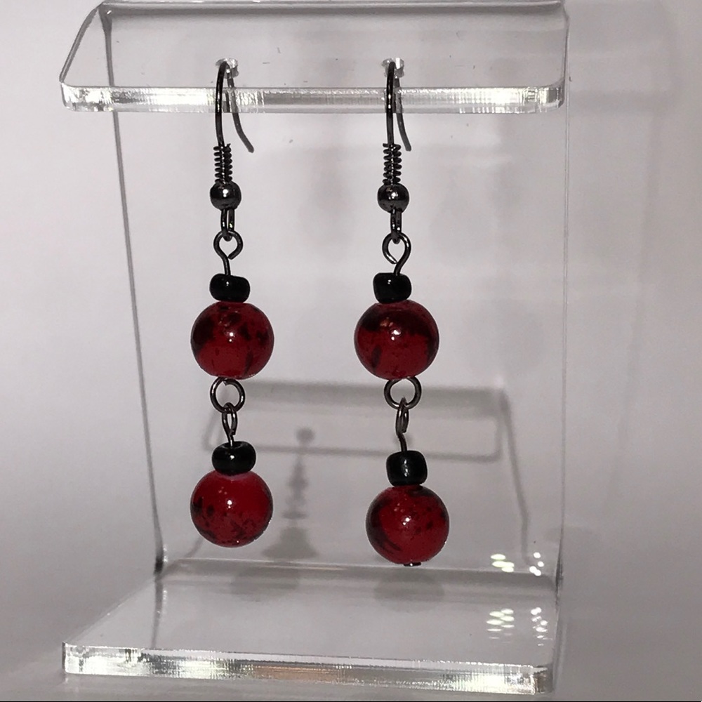 Earrings, Hand Crafted, Red and Black
